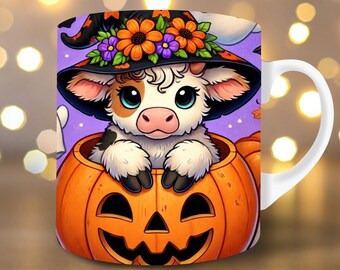 Halloween Highland Cow Mug Wrap Halloween Mug Sublimation Design 11oz & 15oz Mug Template Mug Wrap Template PNG Instant Digital Download