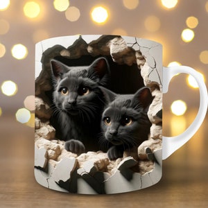 3D 子猫の穴の壁マグラップ 11 オンスマグラップ 15 オンスマグラップ マグ昇華デザイン 猫マグラップ インスタントデジタルダウンロード PNG 黒猫マグ