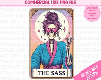 May include: A tarot card illustration of a skeleton wearing heart-shaped sunglasses and a teal robe with pink trim, giving the middle finger. The card is labelled "THE SASS" at the bottom. The image has a vintage style.