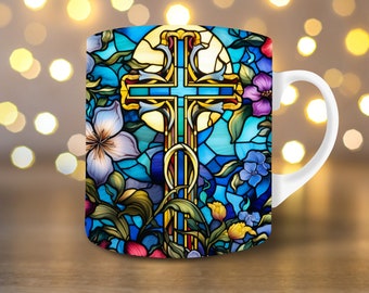 Muggomslag med kristet kors i målat glas 3D-muggomslag 3D-mugg Kaffemuggomslag Sublimeringsmuggomslag 11oz muggomslag 15oz muggomslag Kristen muggomslag