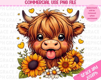 Cute Highland Cow png Sunflowers png Highland Cow Clipart Heifer Cow png Western Cow png Shirt Sublimation Design Sunflower Shirt Png