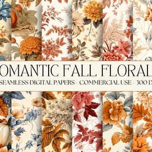Fall Flower Digital Paper Seamless Toile Art Romantic Floral textures Pumpkin Instant Digital Download commercial use Toile Pattern