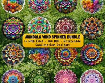May include: A set of 16 colorful mandala wind spinner designs. The designs feature intricate patterns and vibrant colors, including shades of pink, blue, green, yellow, and orange. The designs are perfect for adding a touch of whimsy and color to any outdoor space.