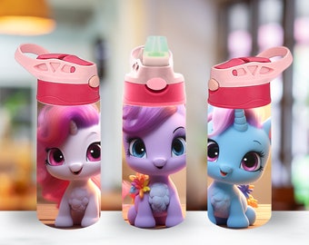 May include: Three water bottles with pink and red lids, each featuring a cartoon unicorn design. The unicorns have different colors: pink, purple, and blue. The bottles are designed for children.