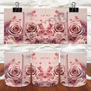 3D Pink Eiffel Tower Mug Wrap 11oz Mug Wrap 15oz Mug Wrap Mug Sublimation Design 3d Mug Wrap Instant Digital Download PNG Flower Mug Wrap