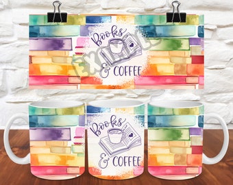 Boeken en koffiemok Wrap Boekmok Koffiemok Wrap Mok Sublimatie Boekmok png Leesmok Wrap 11oz Mok Wrap 15oz Mok Wrap