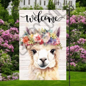 Llama Garden Flag Sublimation Design 12x18 Llama Flower Crown Flag Welcome Garden Flag Designs Yard Flag Instant Digital Download PNG