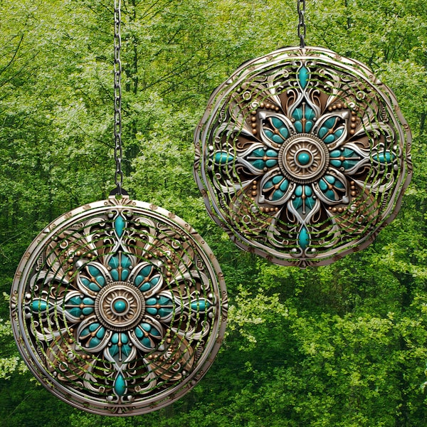 3d Silver Turquoise Mandala Wind Spinner Western Mandala Wind Spinner PNG Sublimation Design Instant Download Sterling Silver Jewelry