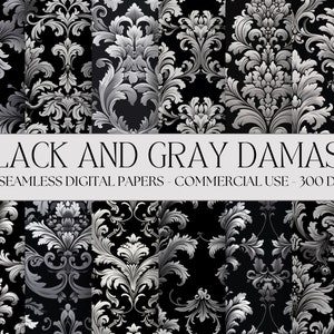 Black Damask Digital Paper Seamless Brocade textures Black Gray Silver Instant Digital Download commercial use