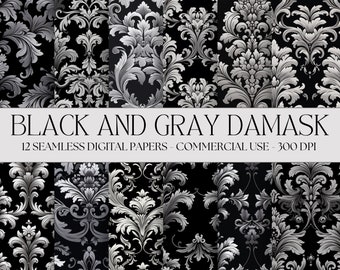Black Damask Digital Paper Seamless Brocade textures Black Gray Silver Instant Digital Download commercial use
