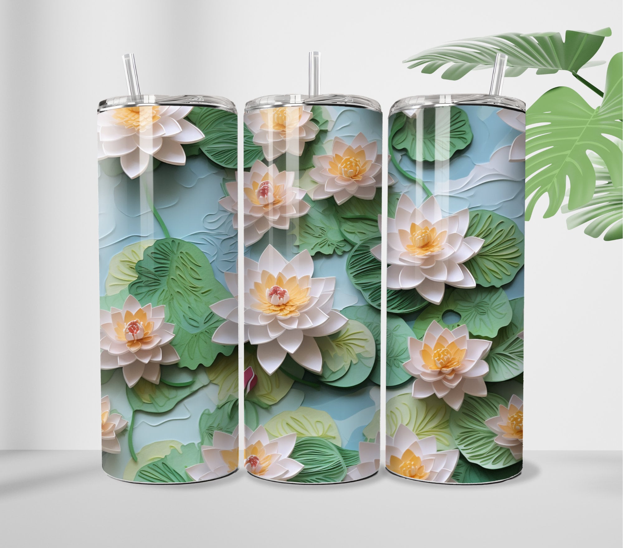 3D White Water Lillies Lily Pad Tumbler 20 Oz Skinny Straight and