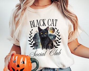 Klub towarzyski Black Cat png Ghots Czarny kot png Retro Halloween png Trendy png Gotycki png Kot png Mama kota png Halloween Koszulka z kotem png