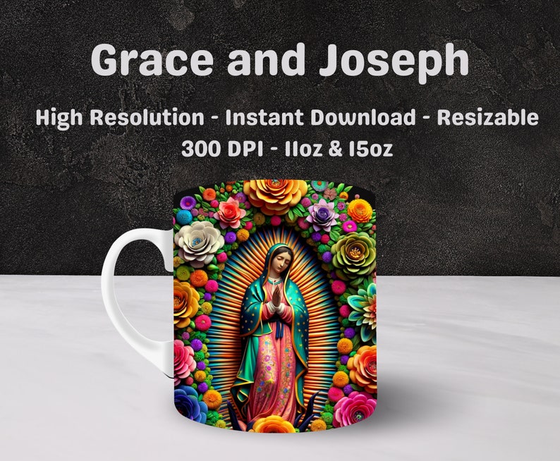 May include: White ceramic mug featuring a colorful illustration of a religious figure surrounded by flowers. The design includes the text "Grace and Joseph" and other text. The mug is 11oz & 15oz.