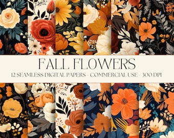 Fall Flower Digital Paper Seamless Harvest Bundle Floral textures Halloween Instant Digital Download commercial use