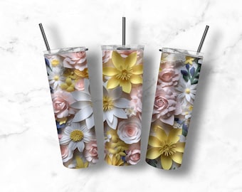3D White Pink Spring Flowers   20 oz Skinny Tumbler Sublimation Design | Straight and Tapered Tumbler Wrap | Instant Digital Download PNG
