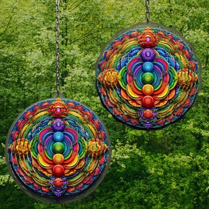 May include: Two colorful mandala-style wall hangings with rainbow colors and intricate patterns. Each hanging features a circular design with seven chakras represented by different colors. The hangings are suspended from chains against a backdrop of green foliage.