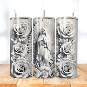 3D White Virgen De Guadalupe 20 oz Skinny Tumbler Sublimation Design Straight AND Tapered 3D Tumbler Wrap Instant Download PNG