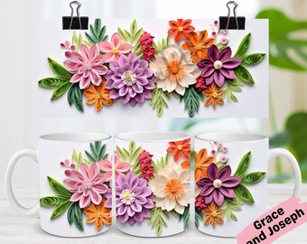 3D Blumen Becher Wrap 11 Unzen Becher Wrap 15 Unzen Becher Wrap Becher Sublimation Design 3D Becher Wrap Sofortiger digitaler Download PNG Quilled Blumen Becher Wrap