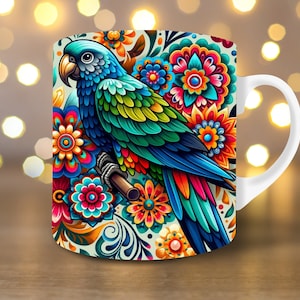Blue Parrot Mexican Flower Mug Wrap 11oz Mug Wrap 15oz Mug Wrap Mug Sublimation Design Instant Digital Download PNG Diseño para taza de cafe
