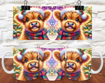 3D Highland Cow Mug Wrap Christmas Mug Wrap 11oz Mug 15oz Mug Template Mug Sublimation Design Mug Wrap Template Instant Digital Download PNG