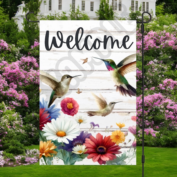 Hummingbird Garden Flag Sublimation Design 12x18 Hummingbird Flower Flag Welcome Garden Flag Designs Yard Flag Instant Digital Download PNG