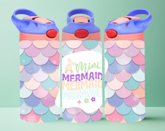 Mini sirena 12oz niños Flip Top Sippy Cup Tumbler Wrap 12oz vaso recto sublimación PNG niños lindo sirena vaso envoltura para niñas
