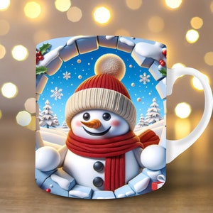 3D Snowman Mug Wrap 11oz Mug Wrap 15oz Mug Wrap Hole In A Wall Mug Sublimation Design 3D Mug Wrap PNG Winter Mug Wrap