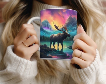 Northern Lights Moose Mug Wrap Northern Light Mug Wrap Sublimation Designs PNG 11oz Mug Wrap 15oz Mug Wrap Moose Mug Press Design