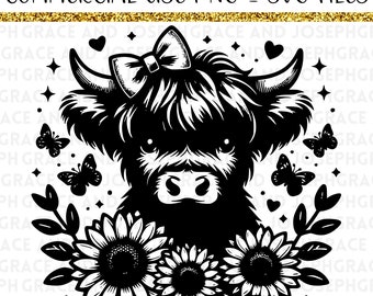 Highland Cow SVG Highland Cow png Sublimation Design Cow png Files Cute Cow svg Country SVG Heart svg Butterfly svg