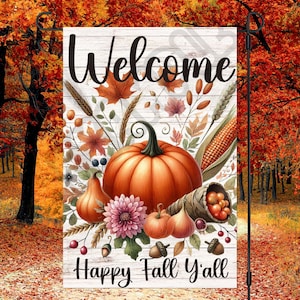 Bandiera da giardino Happy Fall Y'all Design a sublimazione 12x18 Bandiera da giardino con zucca Benvenuti Disegni di bandiere da giardino Bandiera da cortile Download immediato PNG autunnale
