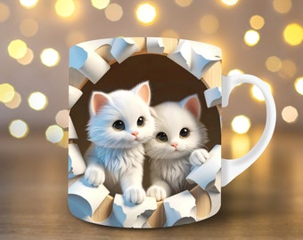 3D Kitten Hole in a Wall Mug Wrap 11oz Mug Wrap 15oz Mug Wrap Mug Sublimation Design Cat Mug Wrap Instant Digital Download PNG White Cat Mug