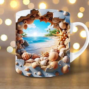 3D Hole In A Wall Beach Mug Wrap Design 3D Beach Mug 3D Beach Seashells Mug Design 3D Mug Wrap 11oz Mug Wrap 15oz Mug Wrap Mug Press PNG