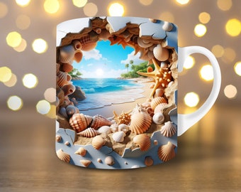 3D Hole In A Wall Beach Mug Wrap Design 3D Beach Mug 3D Beach Seashells Mug Design 3D Mug Wrap 11oz Mug Wrap 15oz Mug Wrap Mug Press PNG