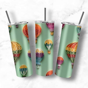 3D Blue Green Quilled Hot Air Balloons Clouds Sky 20 oz Skinny Tumbler Sublimation Design Straight Tumbler Wrap Instant Download PNG