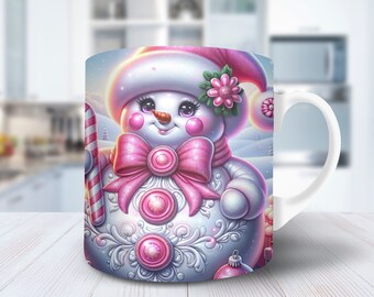 3D Pink Snowman Mug Wrap Christmas Mug Wrap Sublimation Design PNG 11oz Mug 15oz Coffee Cup Template 3D Floral Snowman Mug Press Design