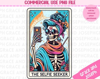 May include: A digital illustration of a tarot card featuring a skeleton taking a selfie with a smartphone. The skeleton wears sunglasses, a scarf, and a head wrap. The card reads "THE SELFIE SEEKER" at the bottom. The image has a colorful, cartoon style.