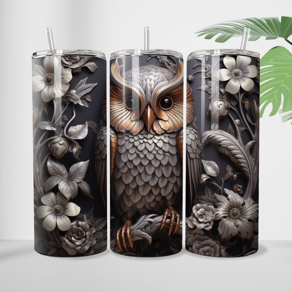 Owl 3D Metal Embossed Flowers 20 oz Skinny Tumbler Sublimation Design Horned Owl Straight and Tapered Tumbler Wrap DIGITAL Download PNG