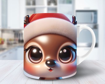 Christmas Deer Glossy Mug Wrap 11oz Taza 15oz Diseño de taza Descarga digital PNG Taza Diseño de sublimación Digital Sólo Diseño de taza de Navidad 3D