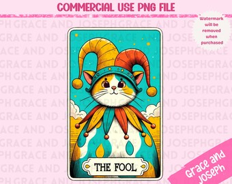 Der Narr Tarot-Karte PNG Lustige Tarot-Karte PNG Katze Sublimationsentwurf Katzen-Tarot PNG Digitaler Download Katzen-Tarot-Karte Shirt