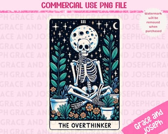 May include: A tarot card illustration featuring a skeleton sitting cross-legged with its hands clasped in front of its face. The skeleton is surrounded by plants and flowers. The card is titled "The Overthinker" and has the number "111" in the top right corner.