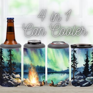 Northern Lights Camping 4 in 1 Can Cooler Sublimation Wrap PNG Campfire 4 in 1 Cooler Tumbler Wrap Sublimation Instant Digital Download