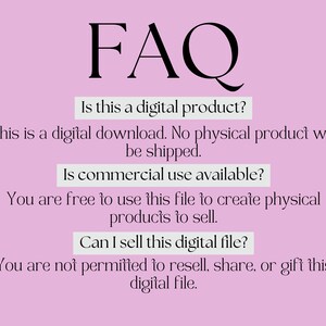 以下が含まれることがあります： FAQ: これはデジタル製品ですか？これはデジタルダウンロードです。物理的な製品は発送されません。商用利用は可能ですか？このファイルを使用して、販売する物理的な製品を作成することができます。このデジタルファイルを販売できますか？このデジタルファイルを再販、共有、または贈与することは許可されていません。