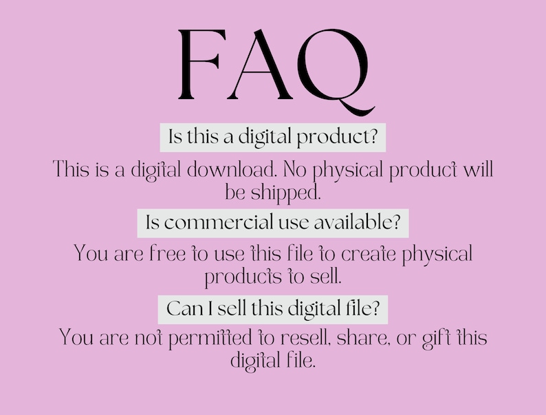 以下が含まれることがあります： FAQ: これはデジタル製品ですか？これはデジタルダウンロードです。物理的な製品は発送されません。商用利用は可能ですか？このファイルを使用して、販売する物理的な製品を作成することができます。このデジタルファイルを販売できますか？このデジタルファイルを再販、共有、または贈与することは許可されていません。