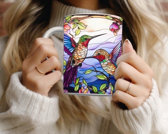 Stained Glass Hummingbird Coffee Mug PNG Mug Press Sublimation Design Sublimation Mug Full Wrap Template Digital 11oz Mug Wrap 15oz Mug Wrap