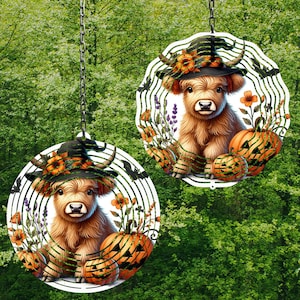 Watercolor Halloween Highland Cow Wind Spinner Halloween Wind Spinner Png Cow Wind Spinner Sublimation Designs Wind Spinner Designs PNG