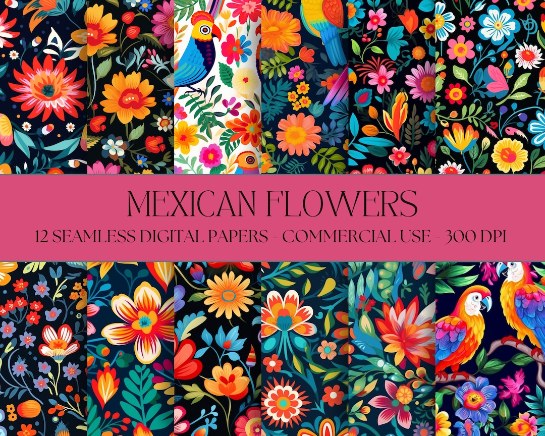 Mexican Flower Digital Paper Seamless Floral Folk Art Textures Instant ...