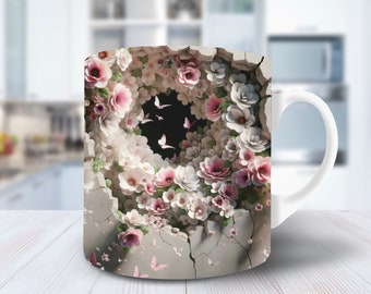 3D Flower Hole In A Wall Mug Wrap 11oz Mug Wrap 15oz Mug Wrap Mug Sublimation Design 3d Mug Wrap Instant Digital Download PNG Butterfly Mug