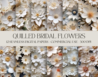 May include: Twelve seamless digital paper patterns featuring white, cream, and peach quilled paper flowers. The patterns are perfect for crafting, scrapbooking, and digital design projects. "Quilled Bridal Flowers" and "12 Seamless Digital Papers - Commercial Use - 300 DPI" are written in black text on a white banner.