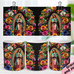 May include: White ceramic coffee mugs and a print featuring a religious figure surrounded by colorful flowers. The figure is depicted with hands clasped in prayer, framed by a radiant halo. The floral arrangement includes roses, daisies, and other blooms in vibrant hues.