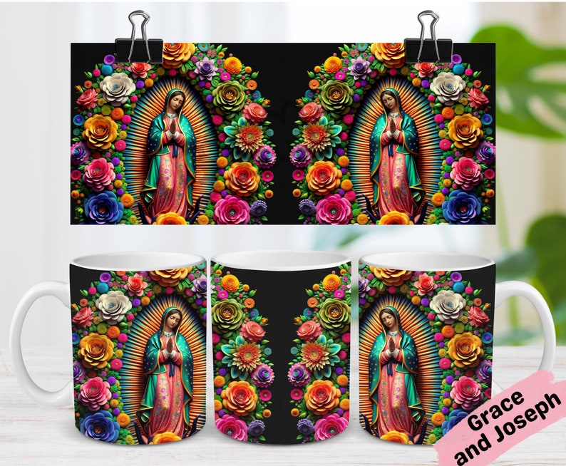 May include: White ceramic coffee mugs and a print featuring a religious figure surrounded by colorful flowers. The figure is depicted with hands clasped in prayer, framed by a radiant halo. The floral arrangement includes roses, daisies, and other blooms in vibrant hues.